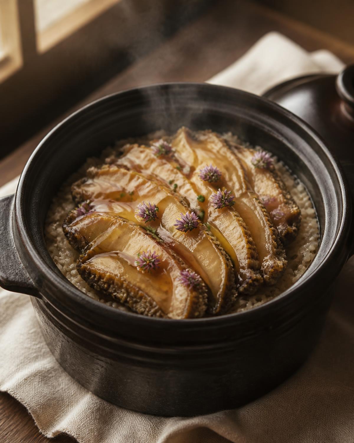 Claypot rice topped with sliced butter-poached abalone and chive blossoms