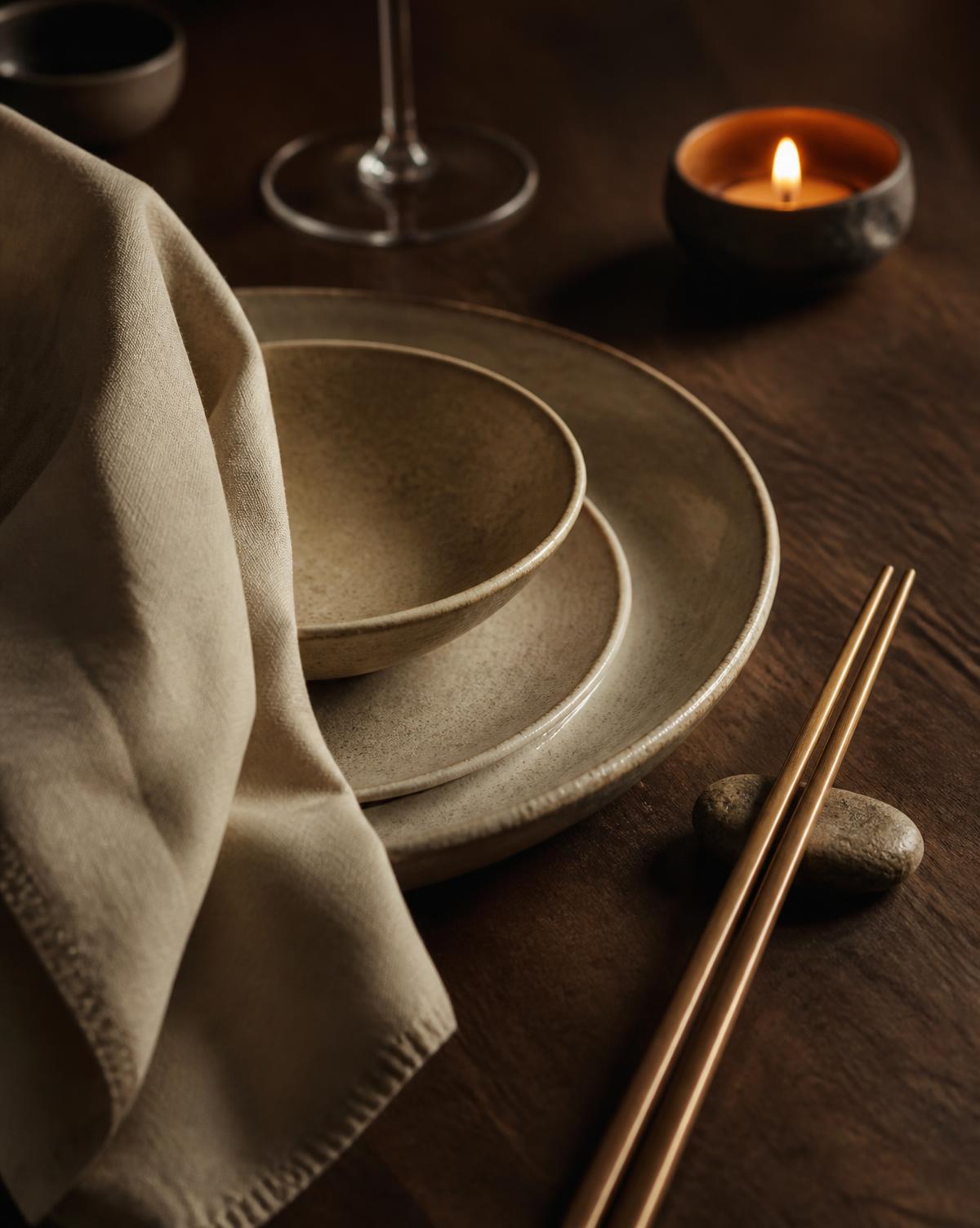 Fine dining table setting with linen, ceramics and candlelight