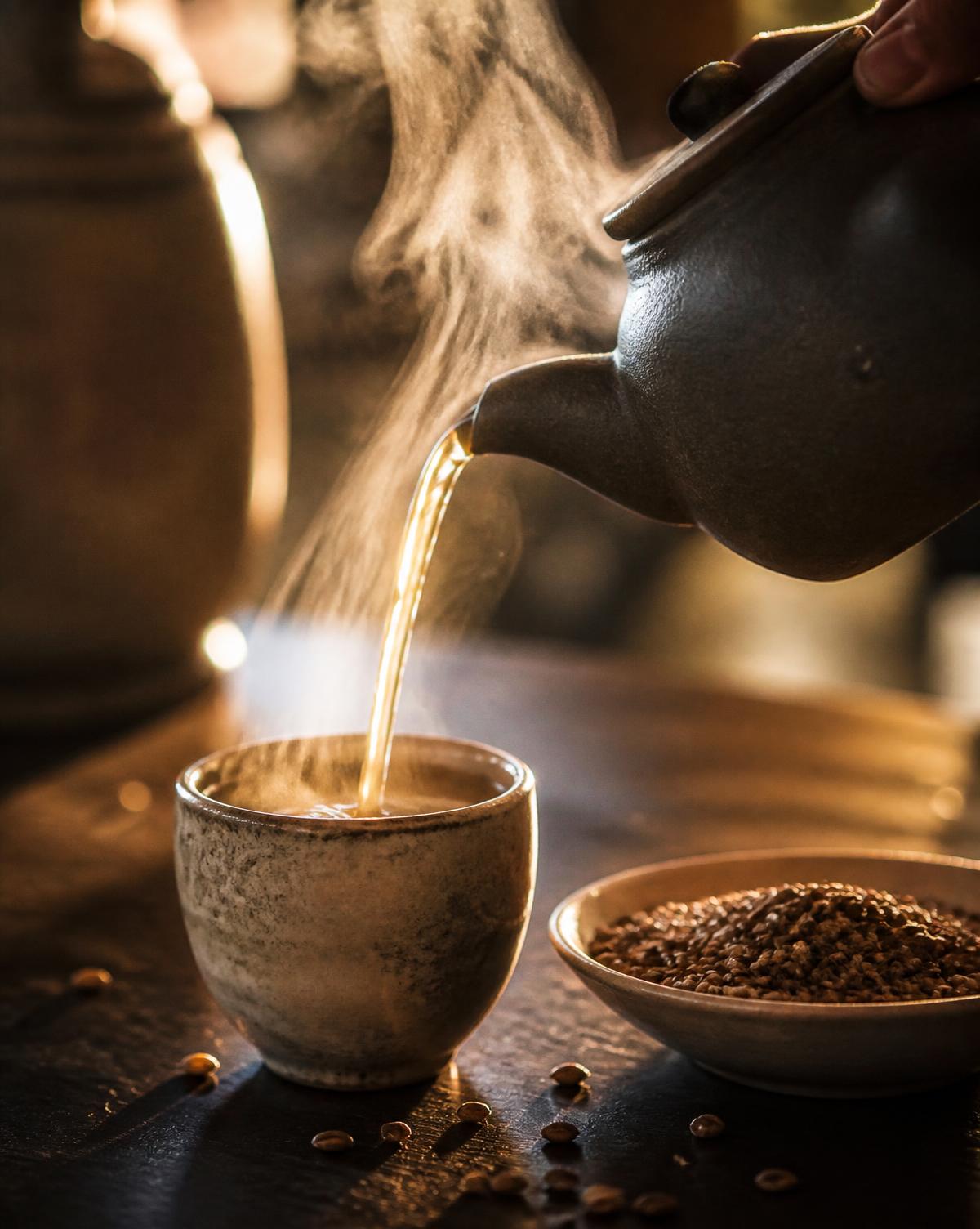 Roasted barley tea poured from a dark ceramic teapot, steam rising
