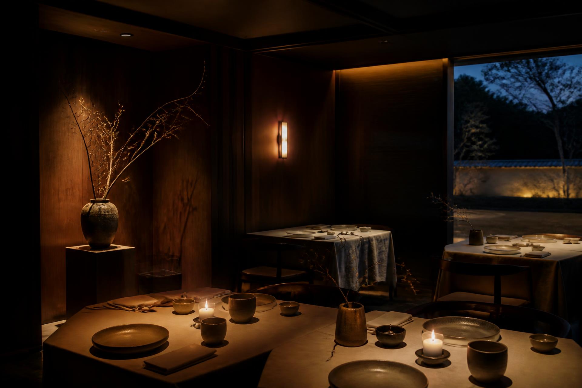 Candlelit dining room of SŌYEON at dusk