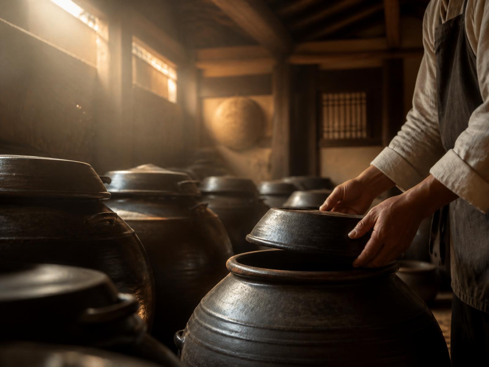 Chef's hands lifting the lid of an earthenware onggi jar in a fermentation cellar
